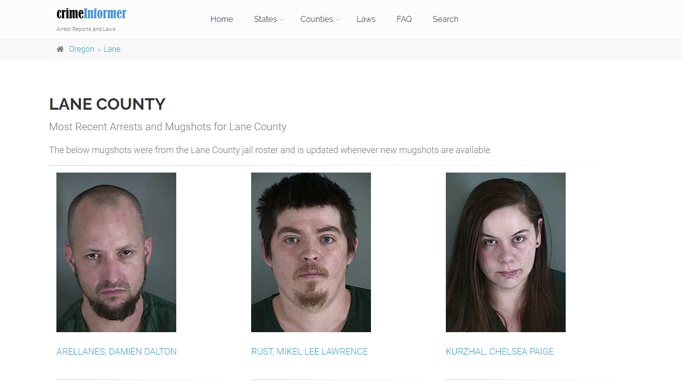 Crime Informer Mugshots and Arrest Reports for Lane